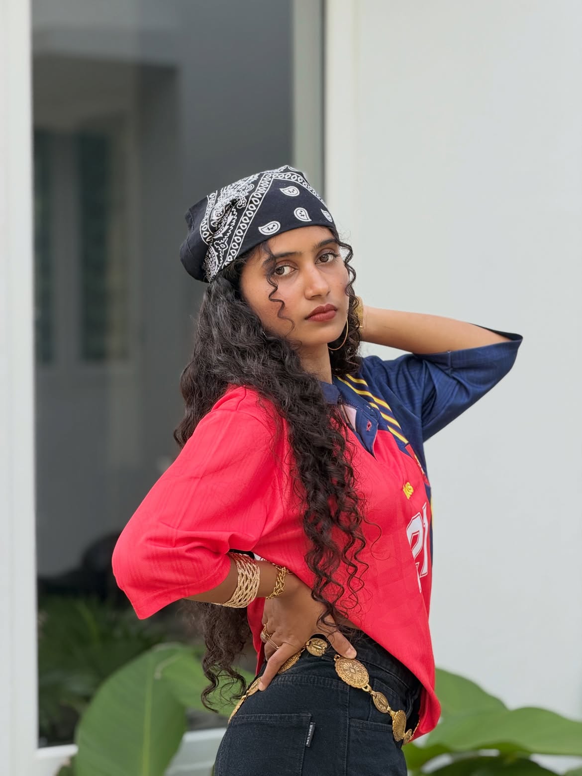 Long Curly Hair With Black Bandana Style