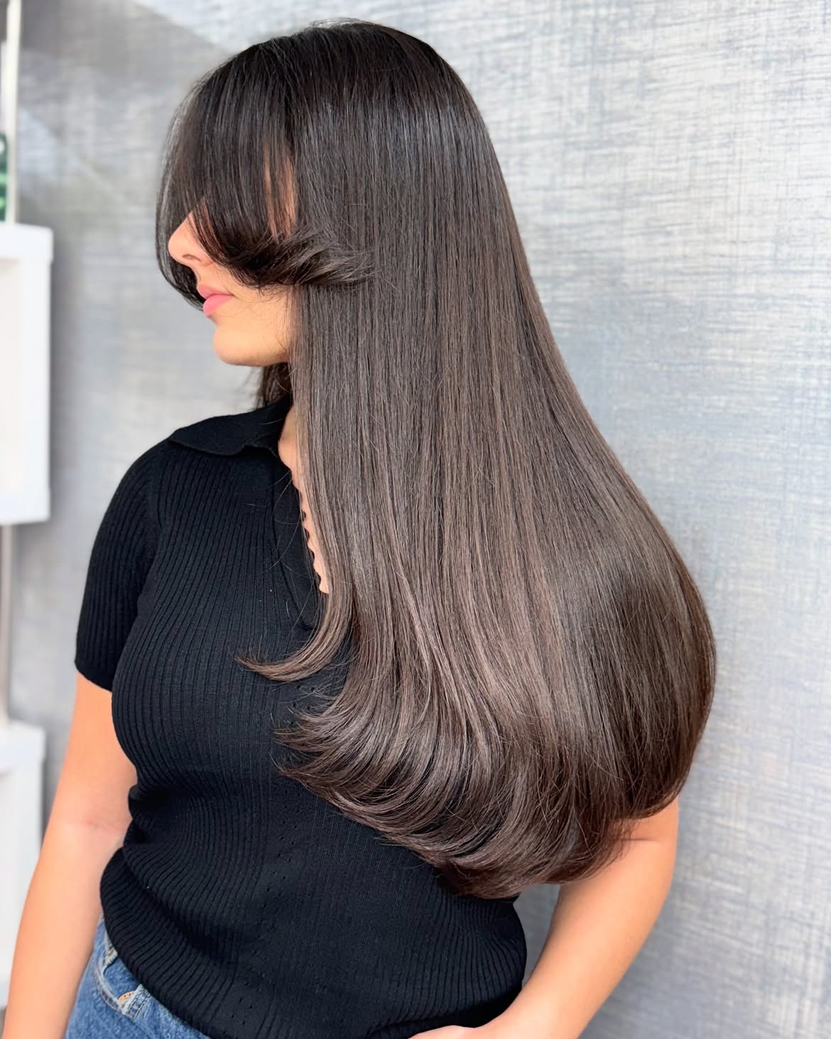Long Dark Brown Hair With Face-Framing Curtain Bangs