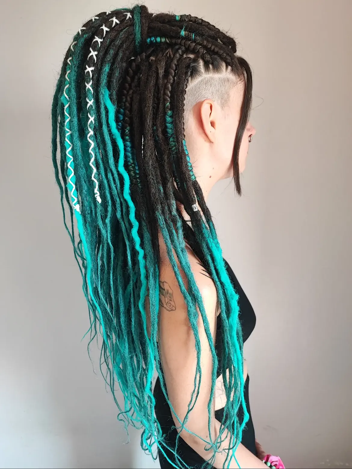 Long Dreads With Teal & White Accents