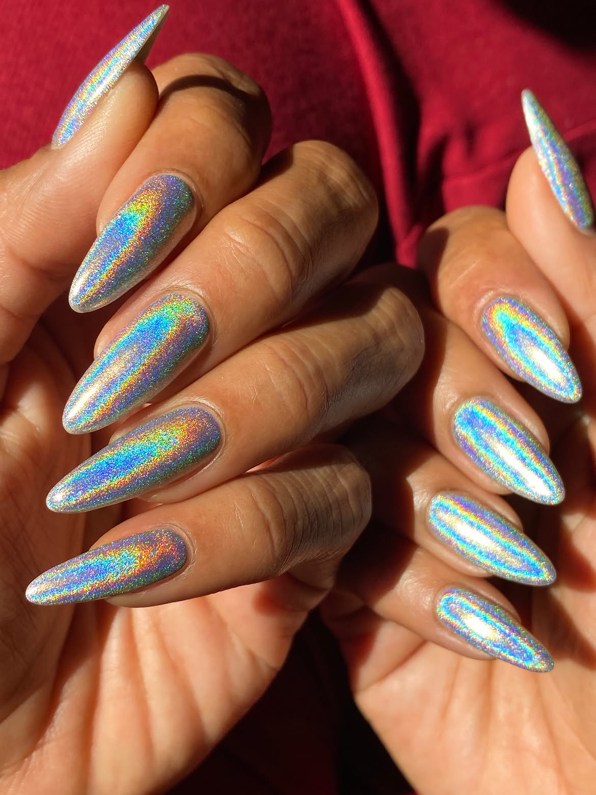 Long Holographic Stiletto Nails With Intense Spectrum Finish