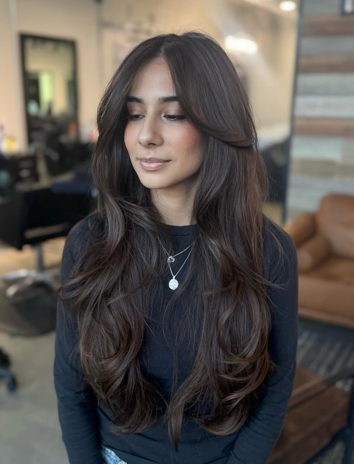 Long Layered Dark Brown Hair With Soft Curtain Bangs