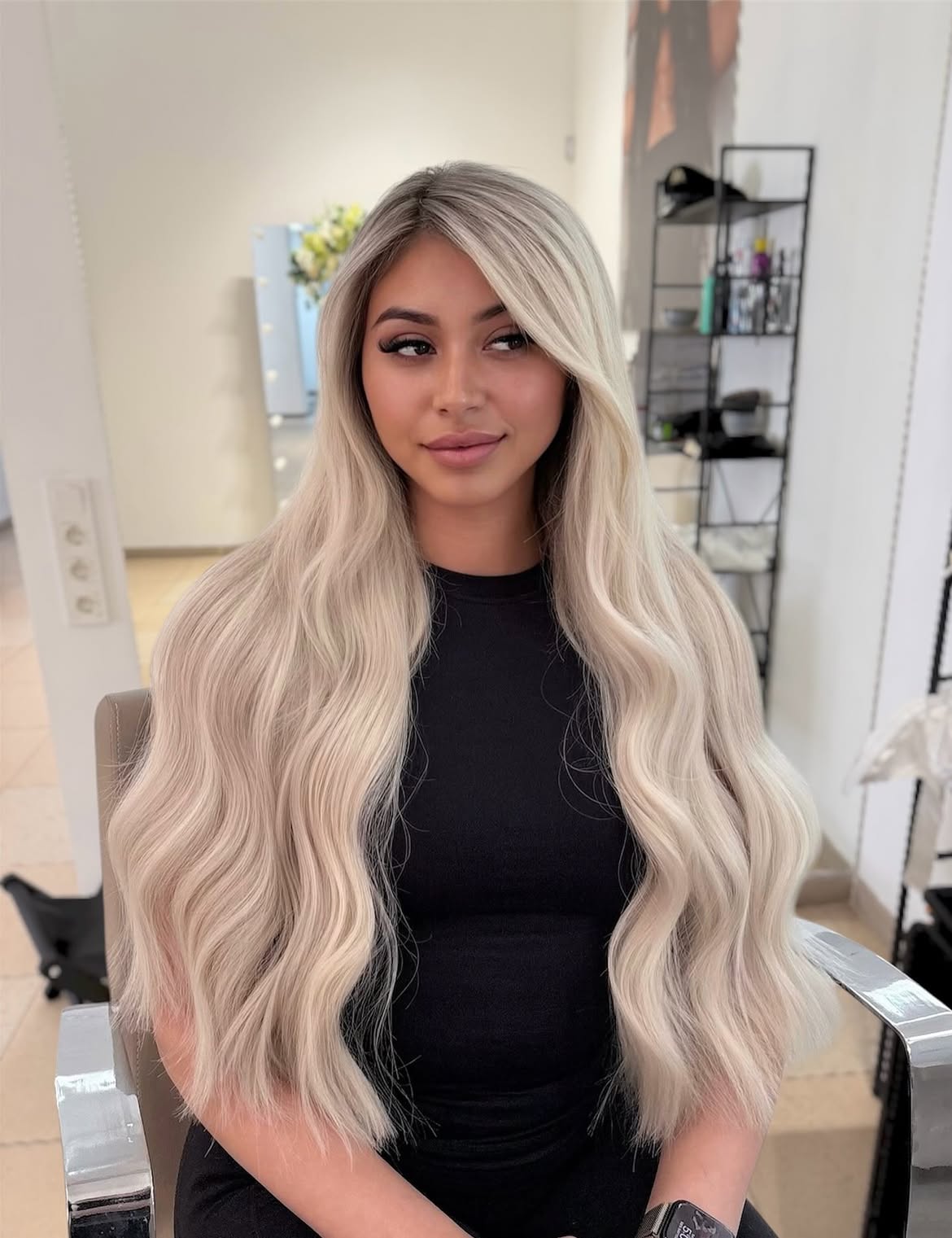 Long Wavy Platinum Blonde With Deep Shadow Root