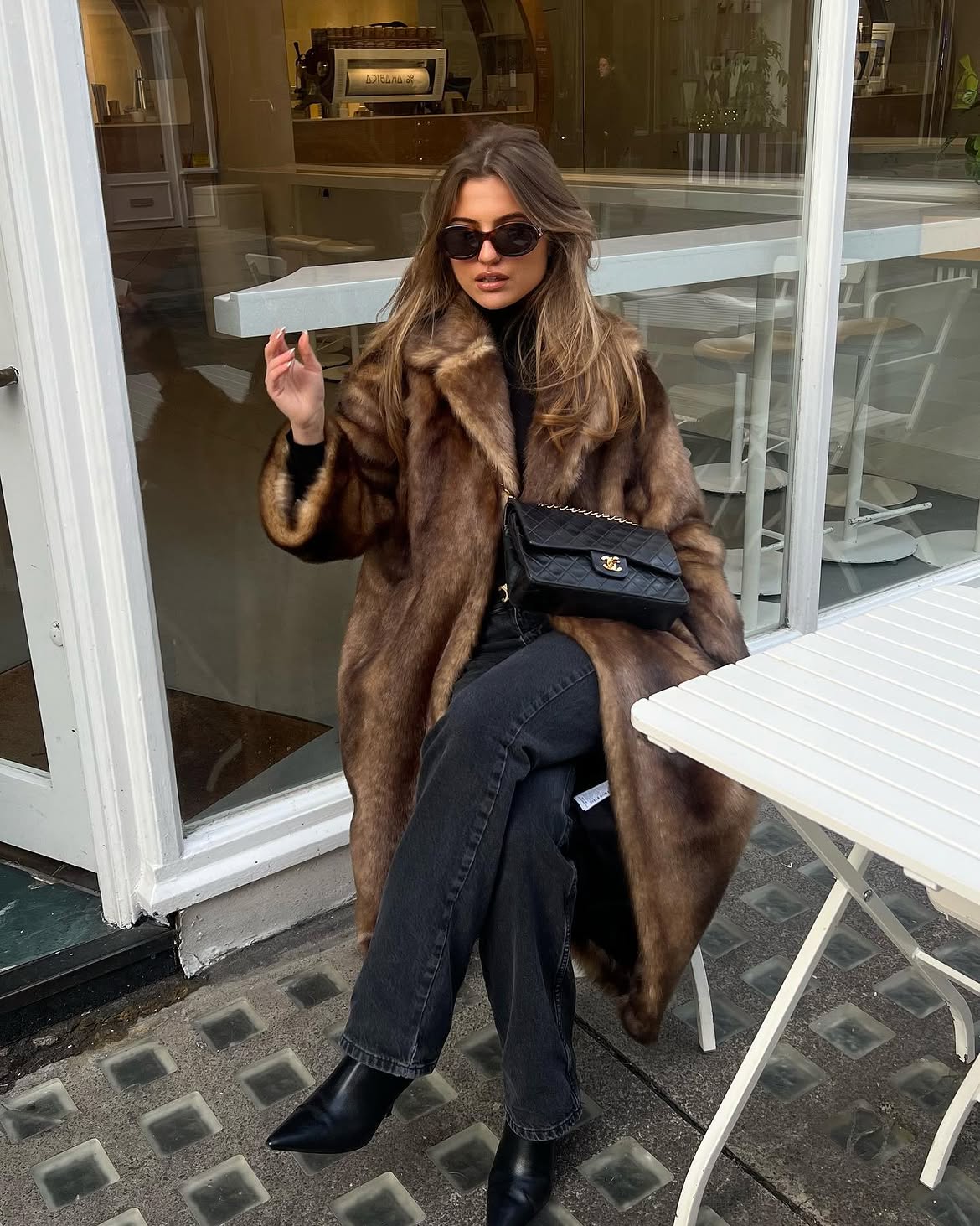 Luxurious Faux Fur Coat And Black Denim Winter Look