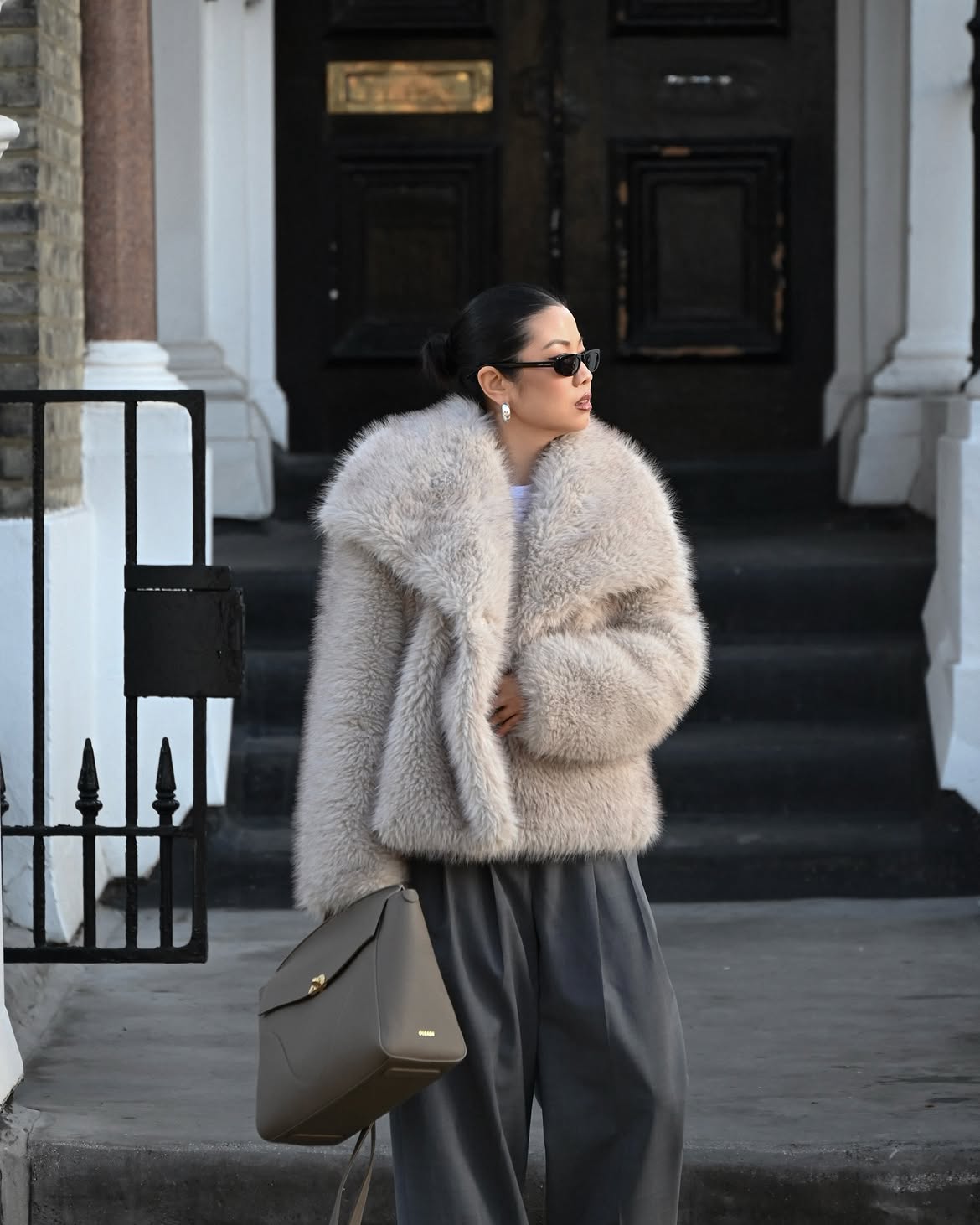 Luxurious Faux Fur Coat With Grey Wide-Leg Trousers
