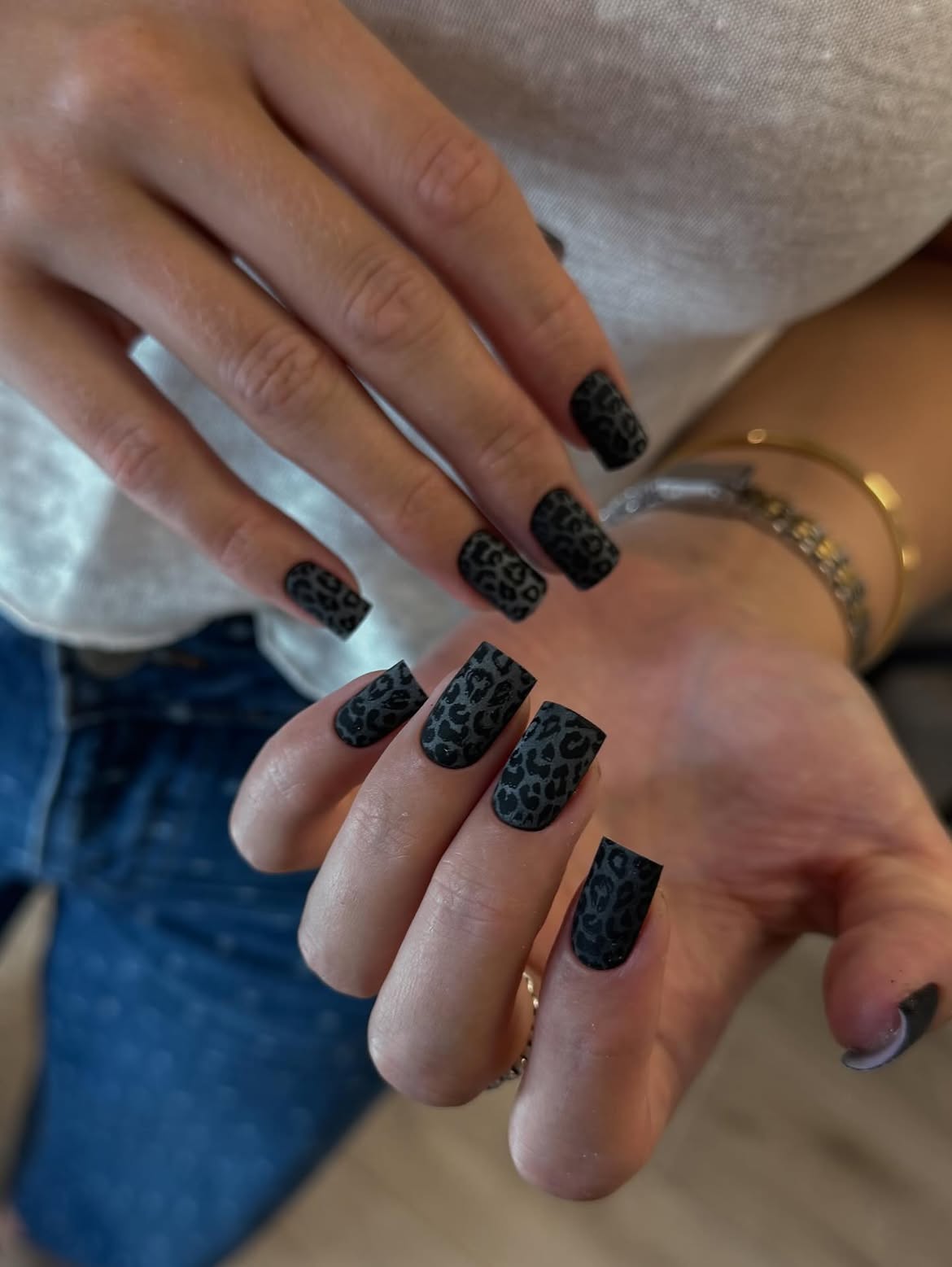 Matte Black Leopard Print Square Nails