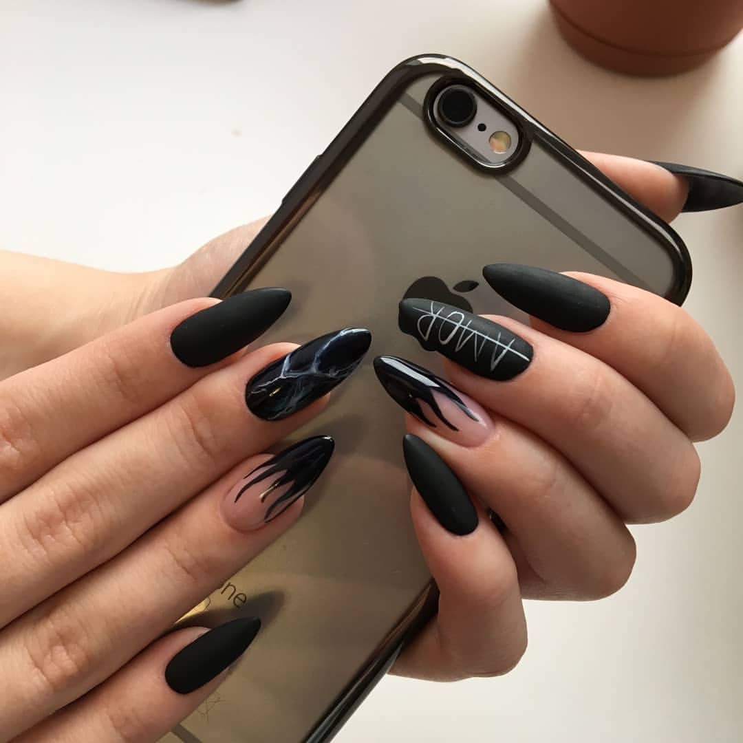 Matte Black & Lightning Storm Almond Nails