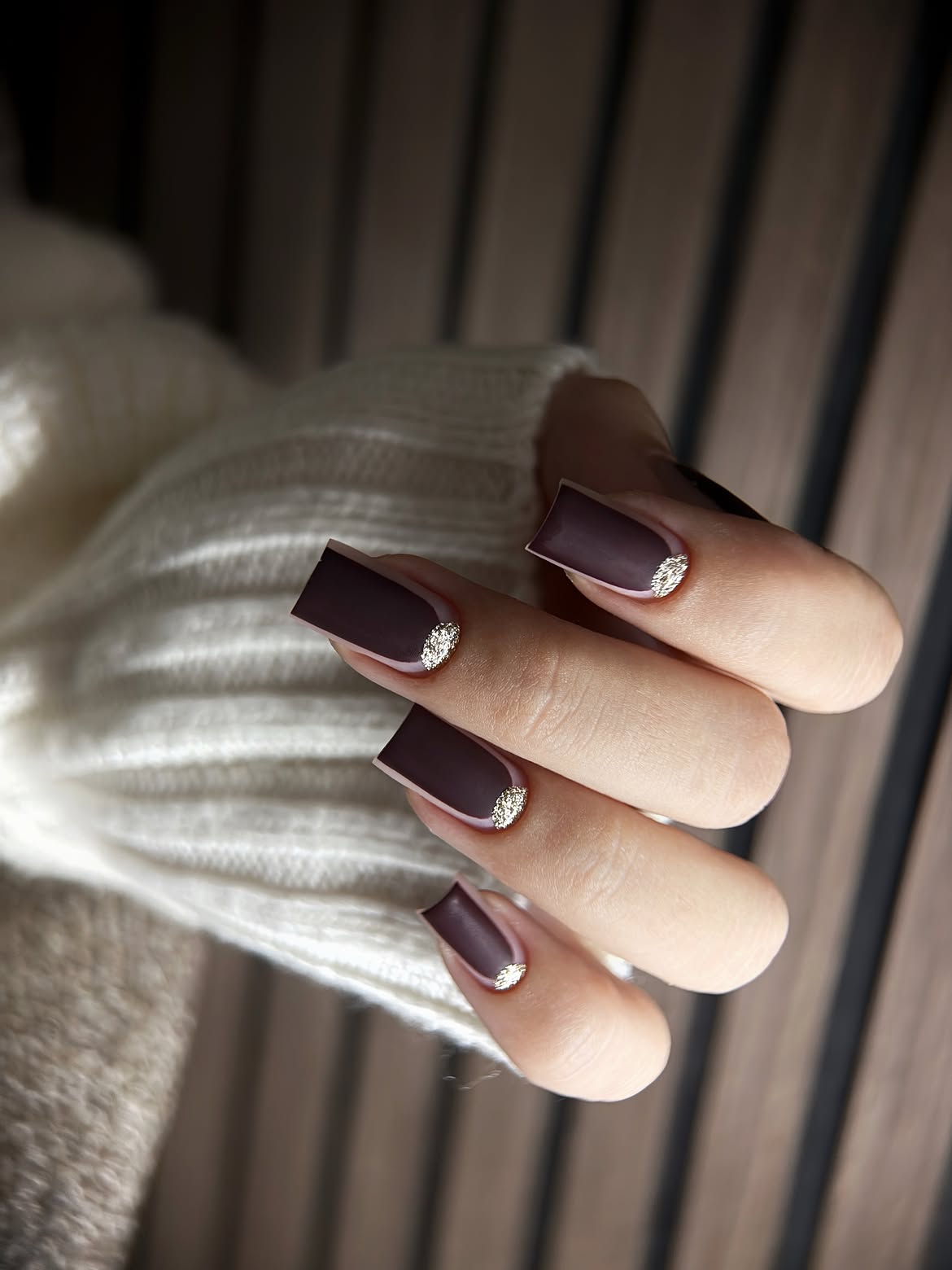 Matte Burgundy And Silver Half Moon Square Nails