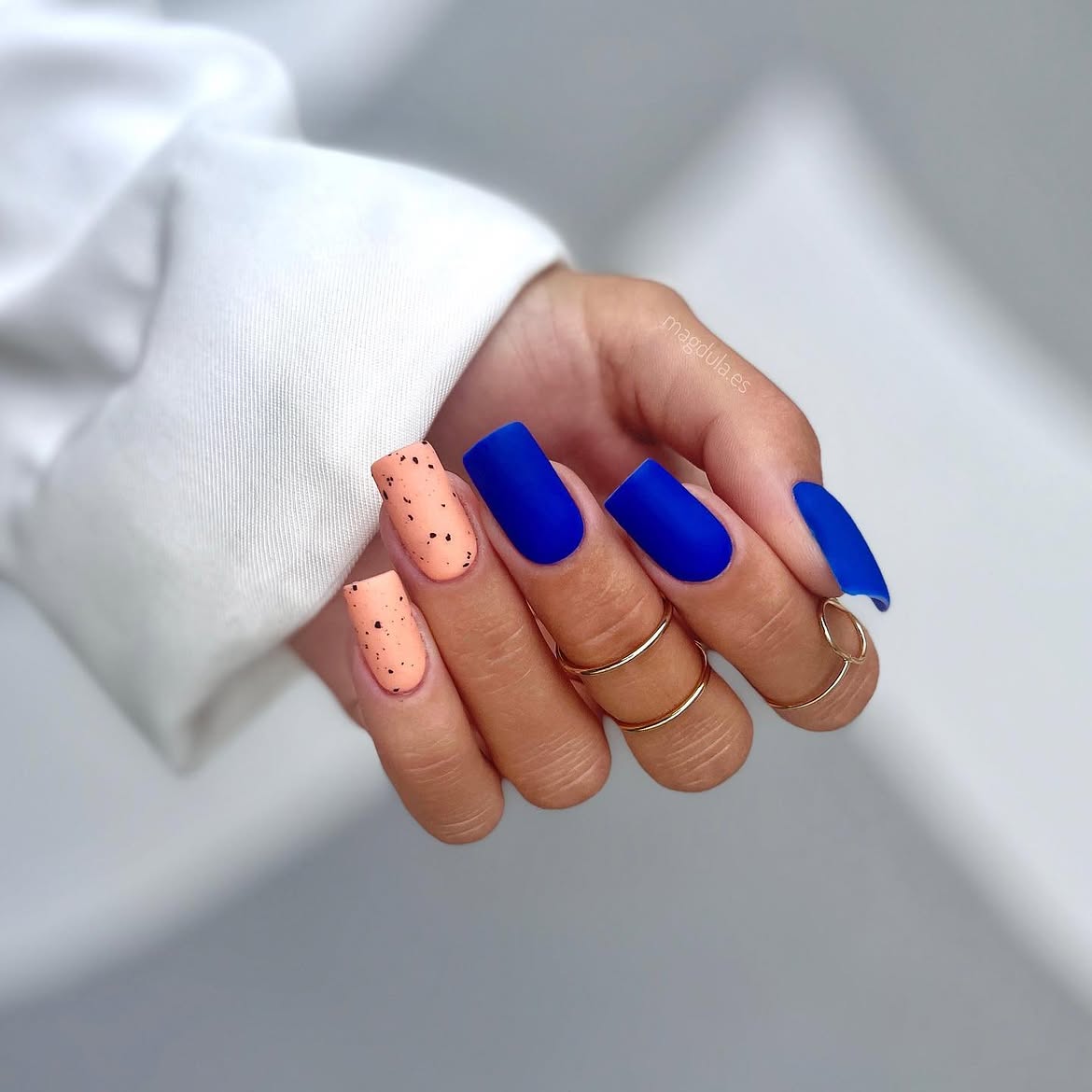 Matte Cobalt Blue & Peach Speckle Nails