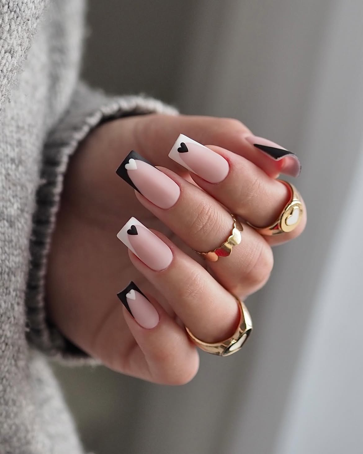 Matte French Tips with Black Heart Accents