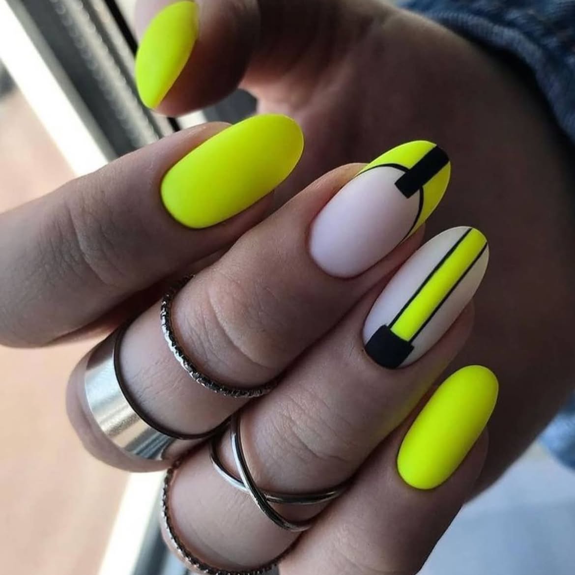 Matte Neon Yellow Geometric French Tips