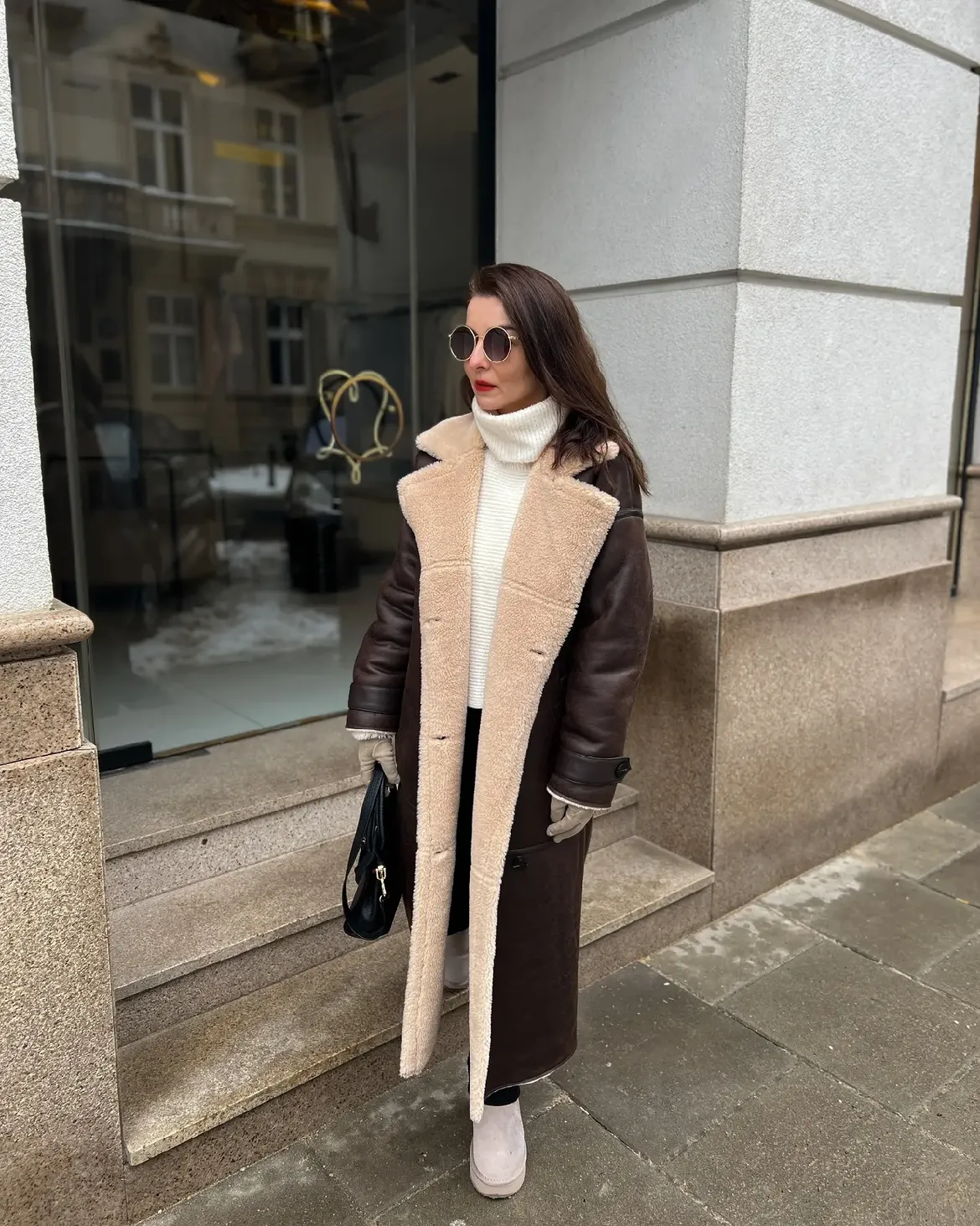 Maxi Shearling Coat And Cream Turtleneck Winter Look