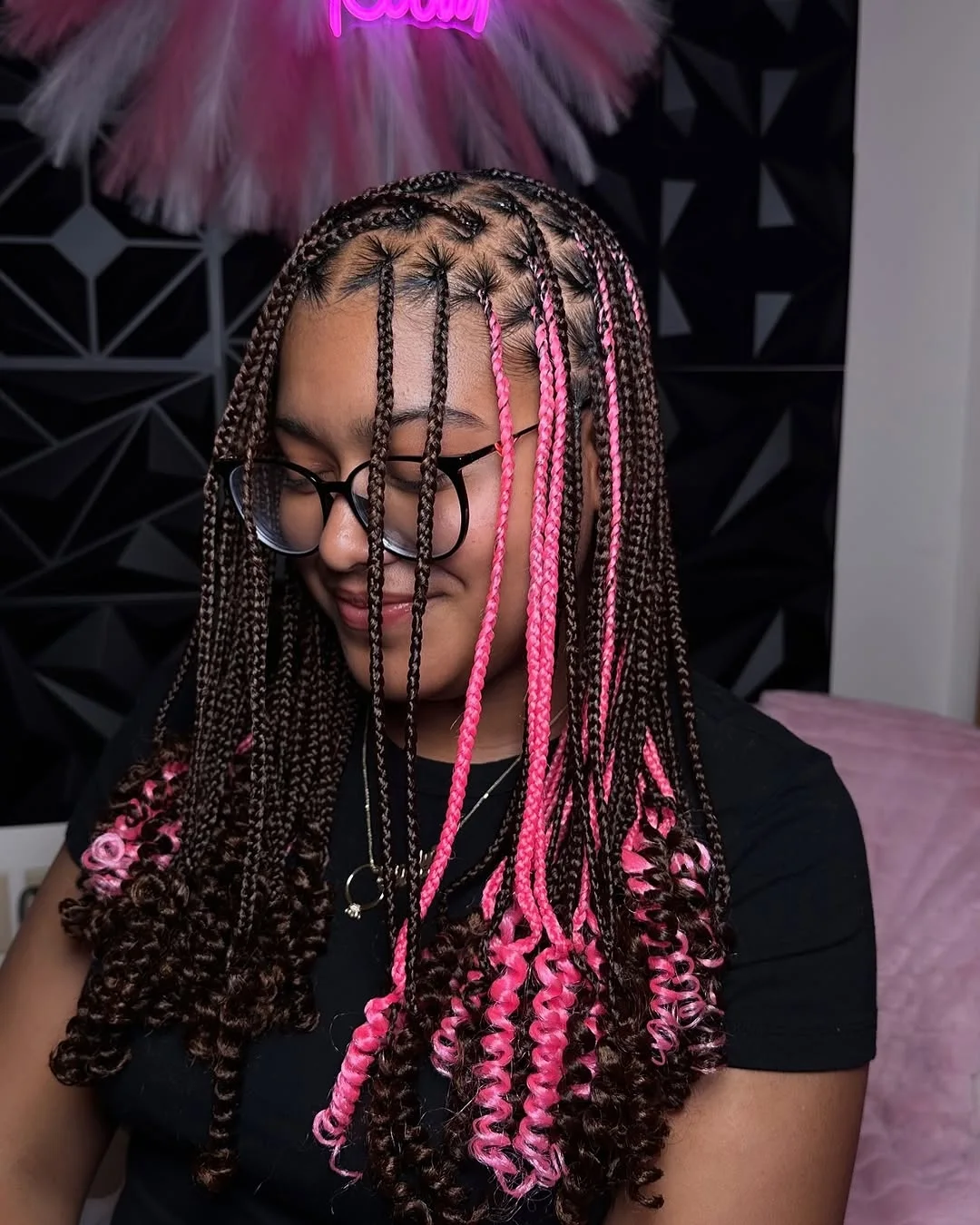 Medium Knotless Braids With Pink Curly Ends