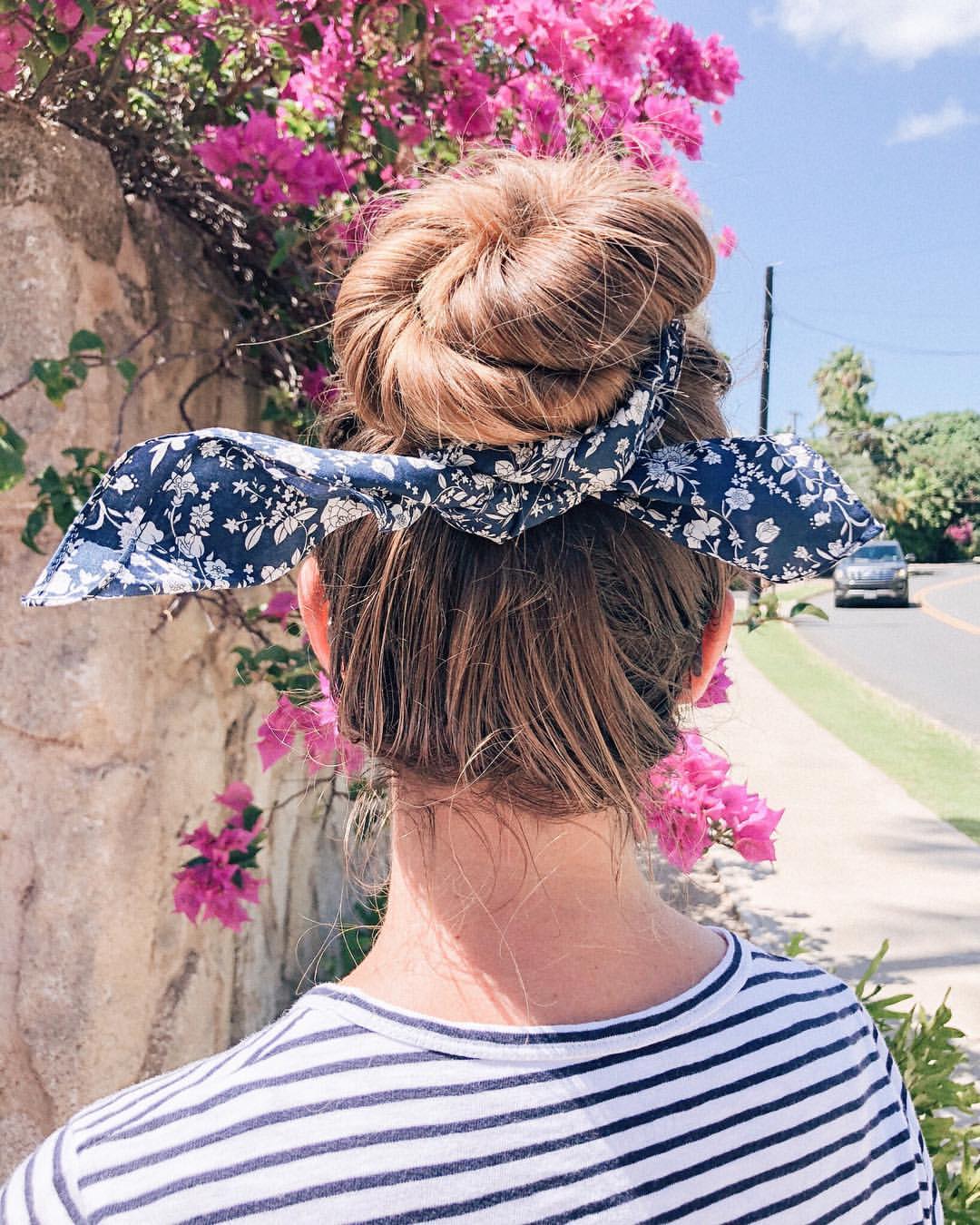 Messy Top Knot With Floral Bandana Wrap