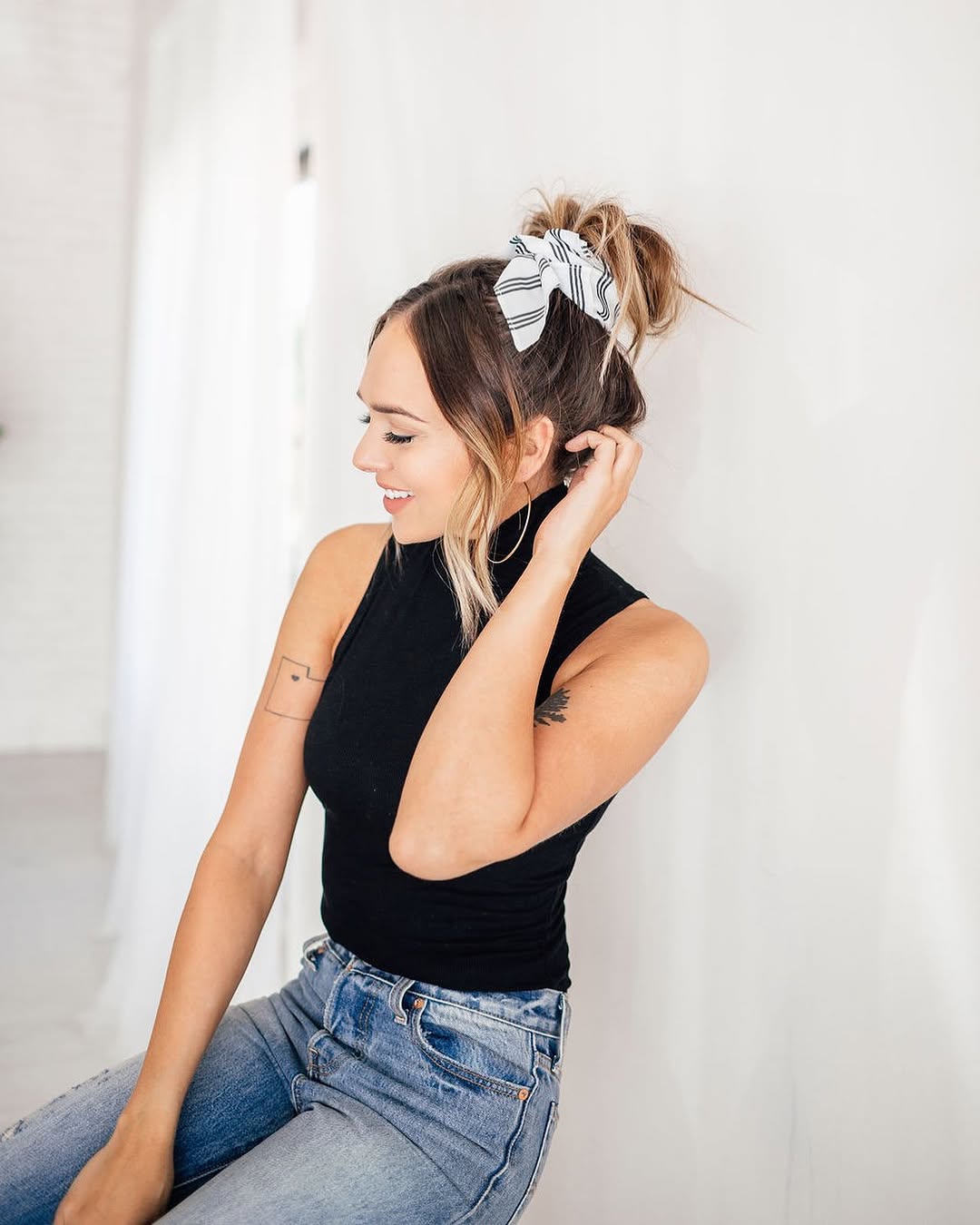 Messy Top Knot With Striped Scrunchie