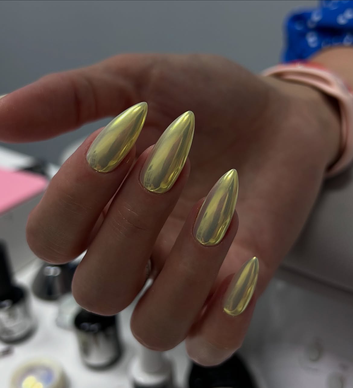 Metallic Yellow Chrome Stiletto Nails