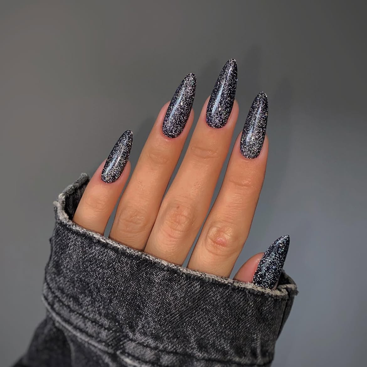 Midnight Sparkle Black Stiletto Nails