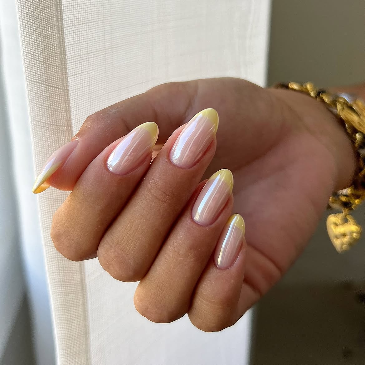 Milky Chrome French Tips with Pale Yellow