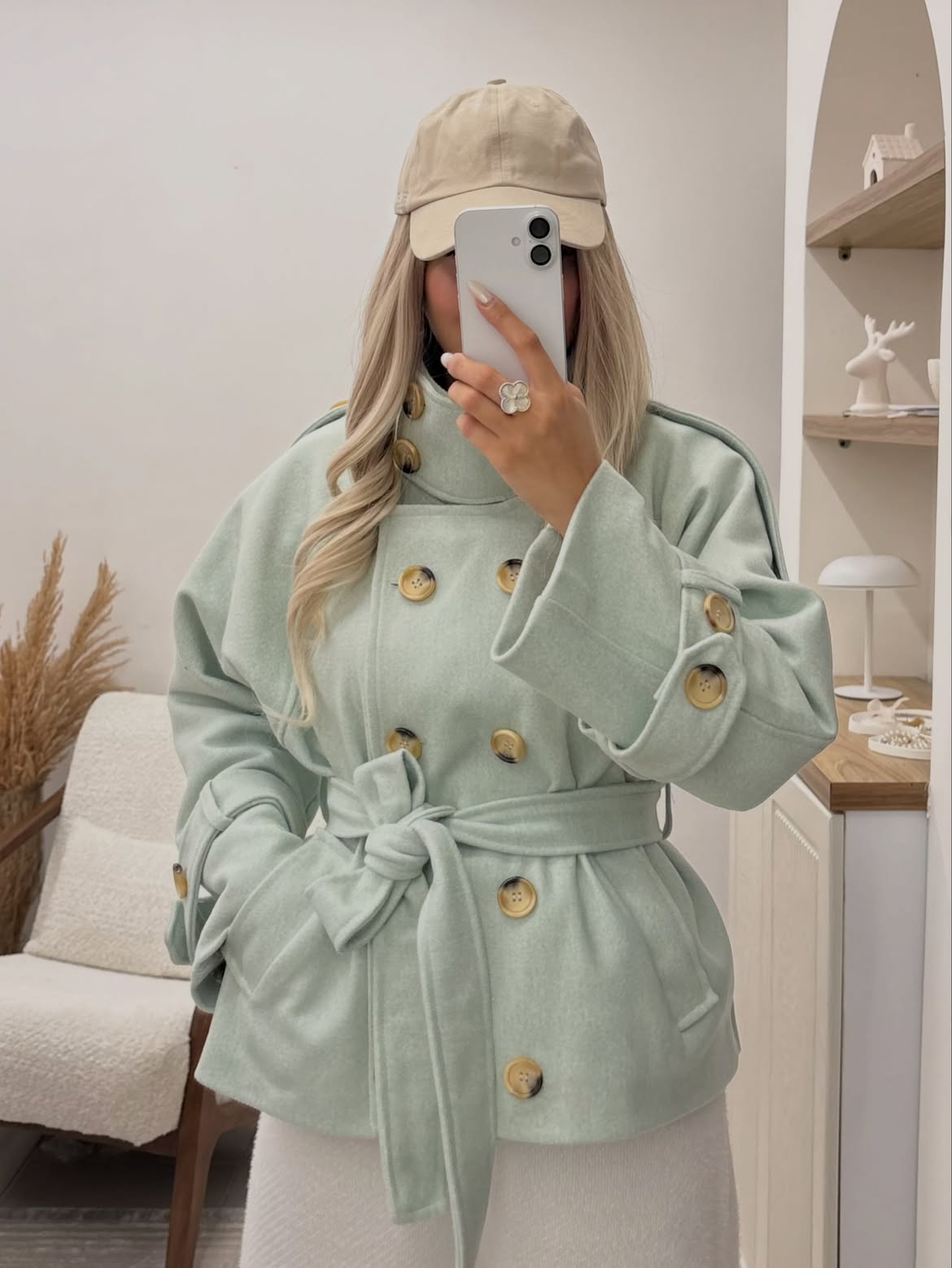Mint Green Double-Breasted Belted Jacket and White Skirt