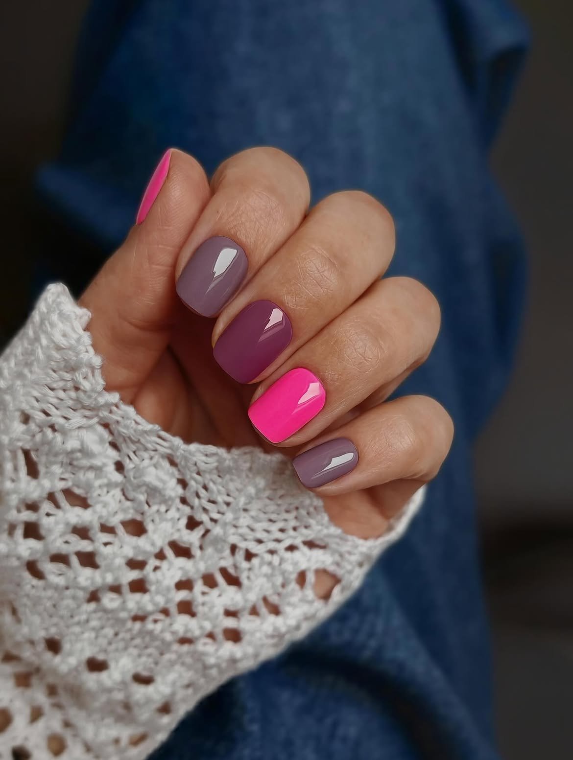 Mismatched Glossy Pink and Grey Short Nails