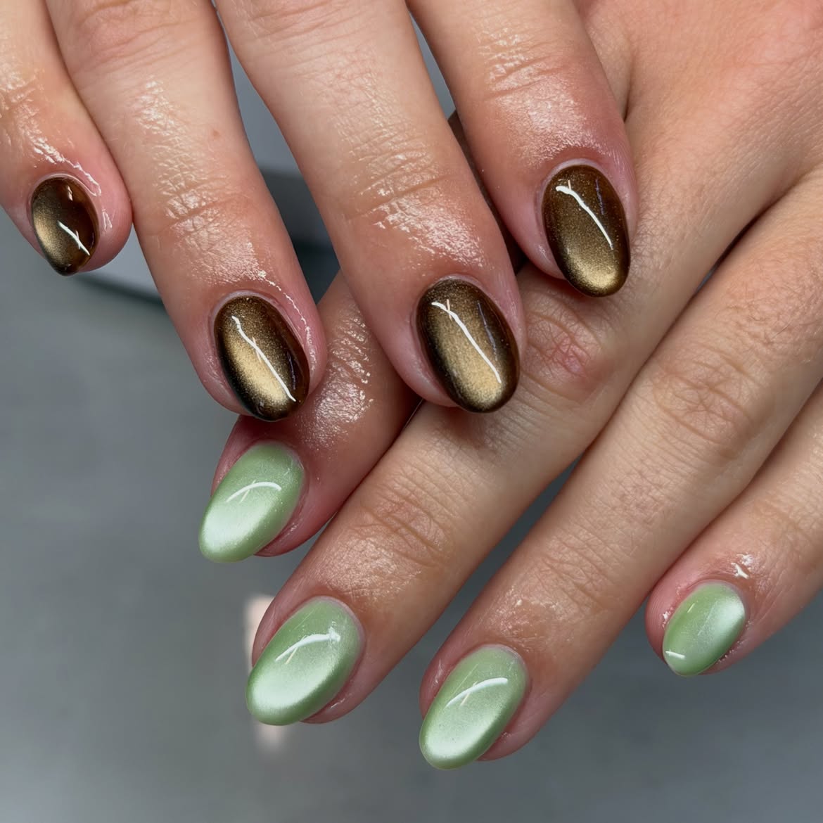 Mismatched Sage Green and Brown Cat Eye Nails
