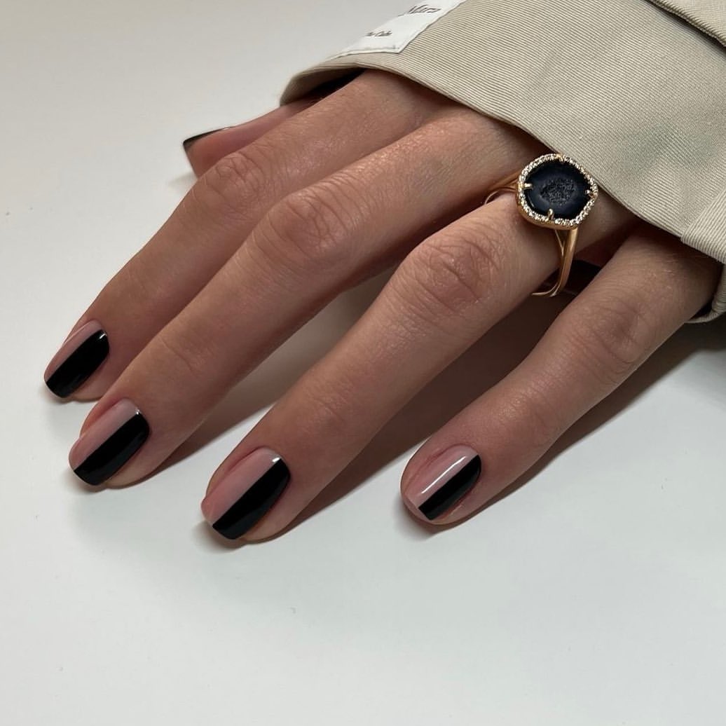 Modern Black and Nude Half Moon Nails
