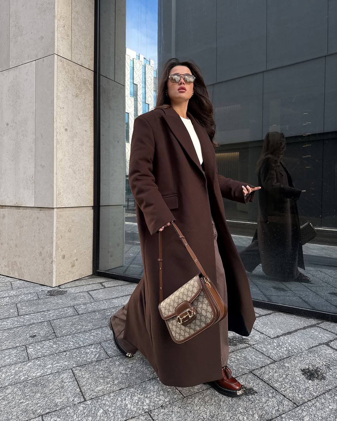 Monochromatic Brown Maxi Coat With Loafer Styling
