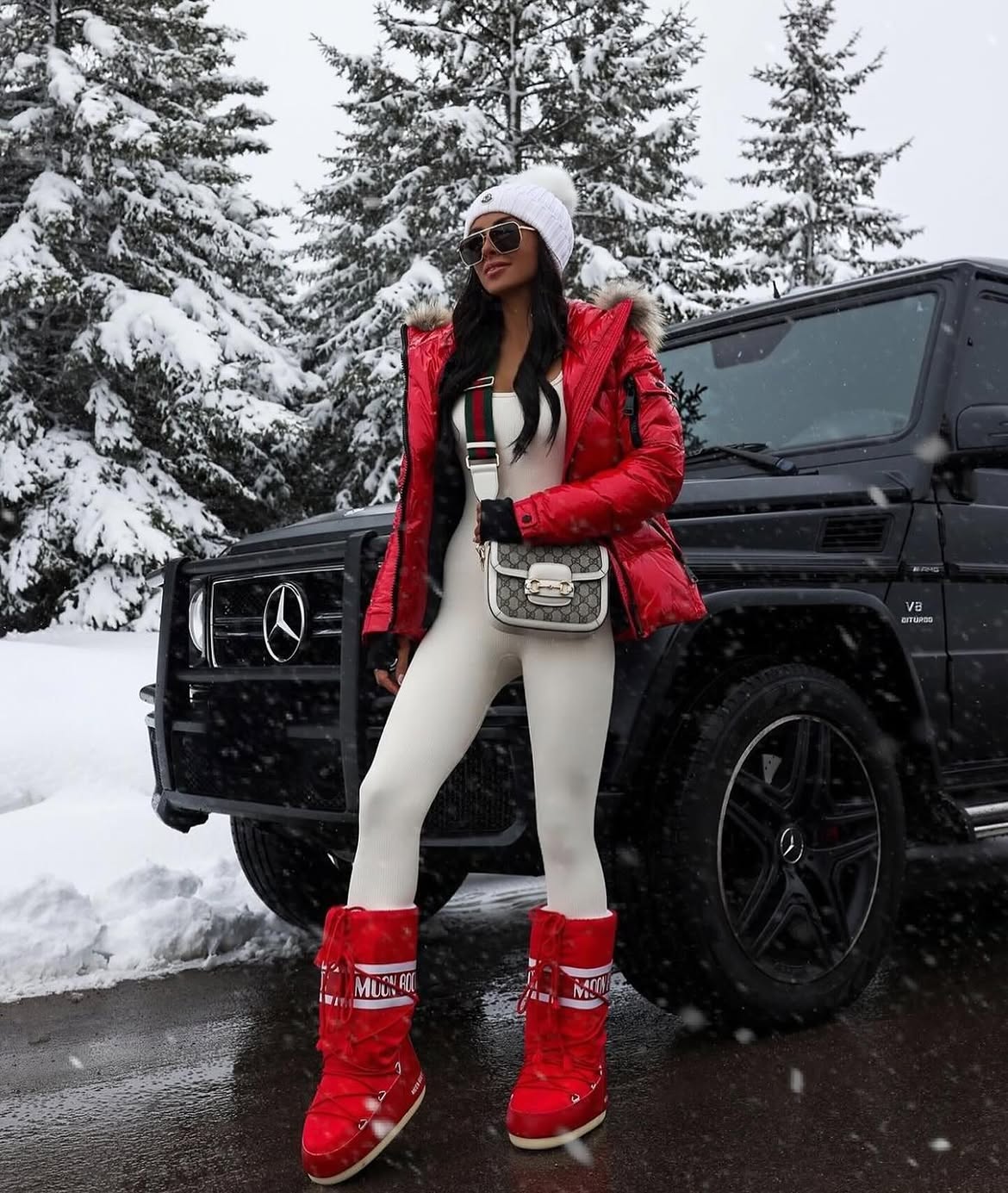 Monochrome Base With Bold Red Puffer And Snow Boots