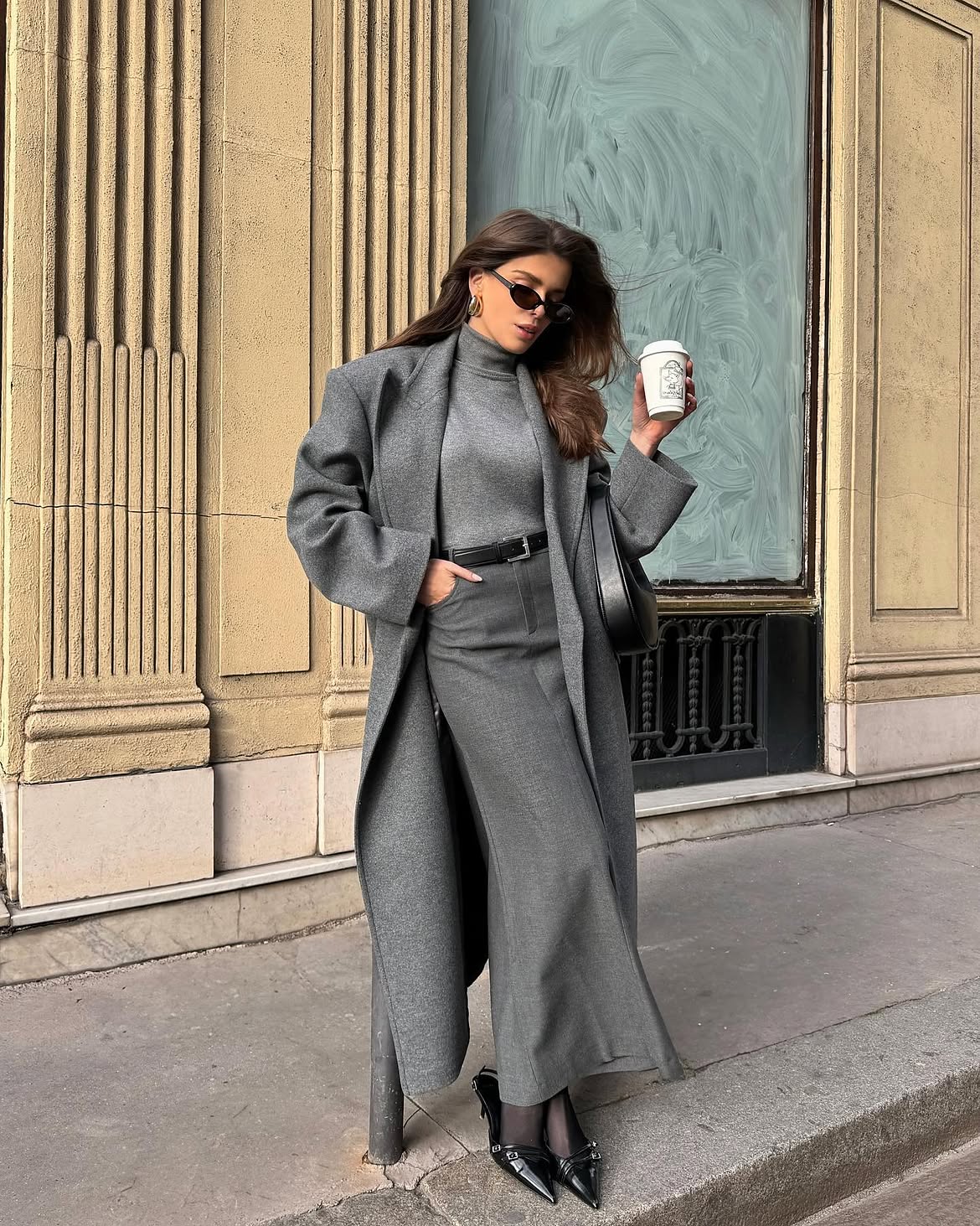 Monochrome Grey Wool Set With Statement Coat