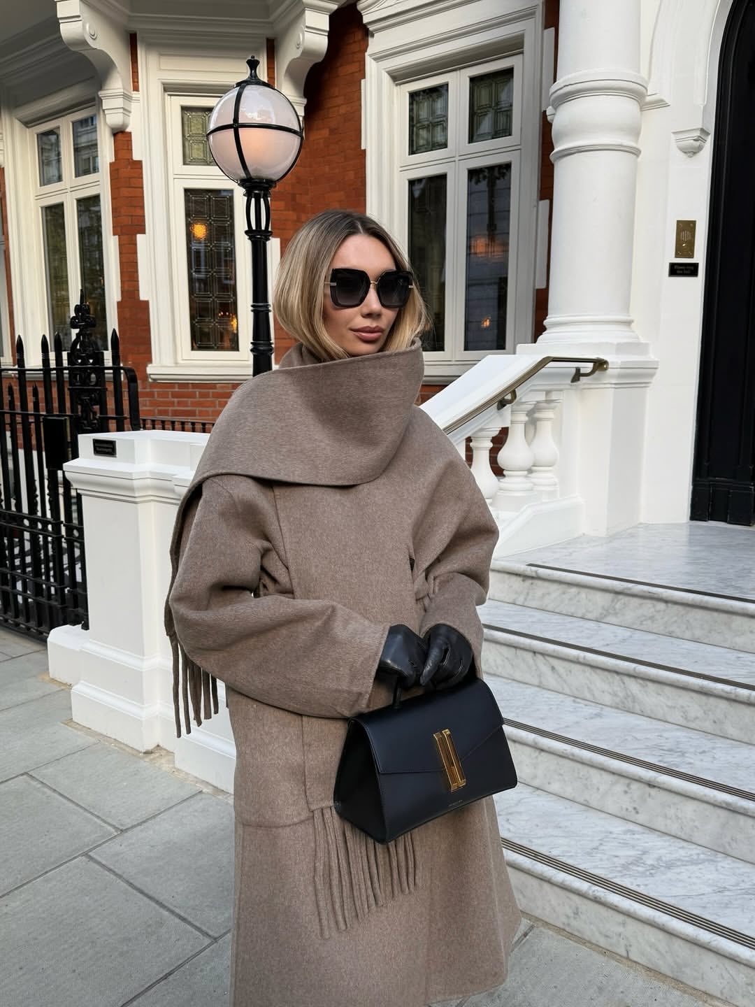 Monochrome Taupe Coat With Black Accents