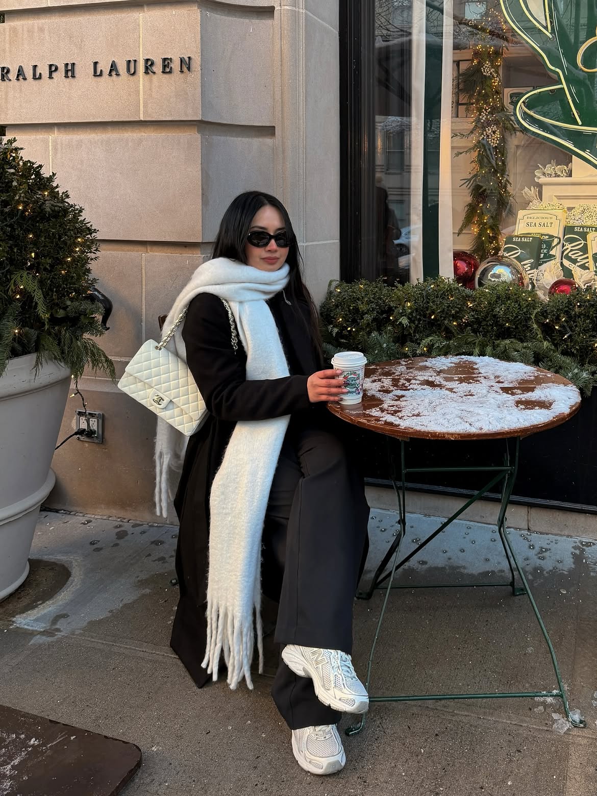 Monochrome Winter Coat And Chunky Scarf Look