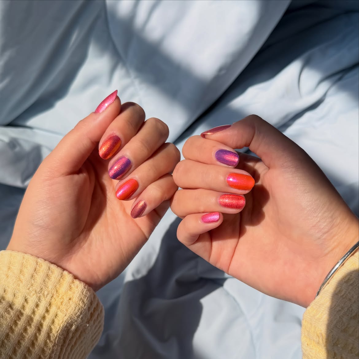Multicolor Shimmering Sunset Almond Nails