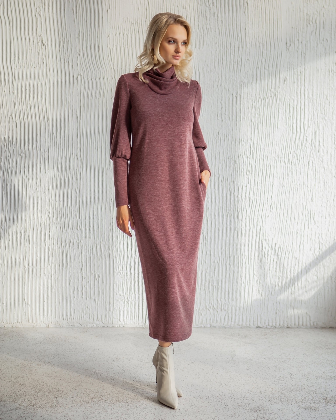Muted Mauve Cowl Neck Midi Dress With Booties