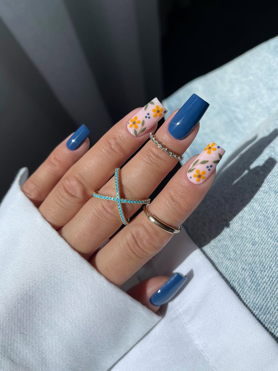 Navy Blue Floral Accent Square Nails