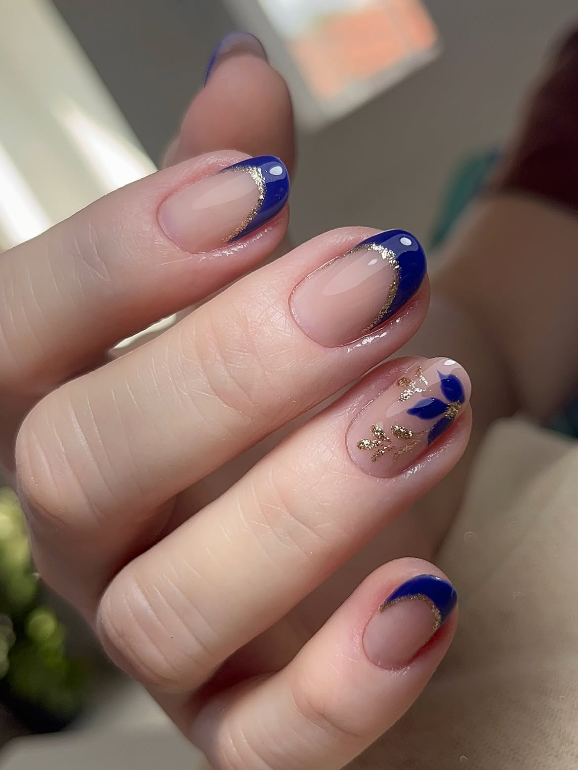 Navy Blue French Tips with Gold Leaf Accents