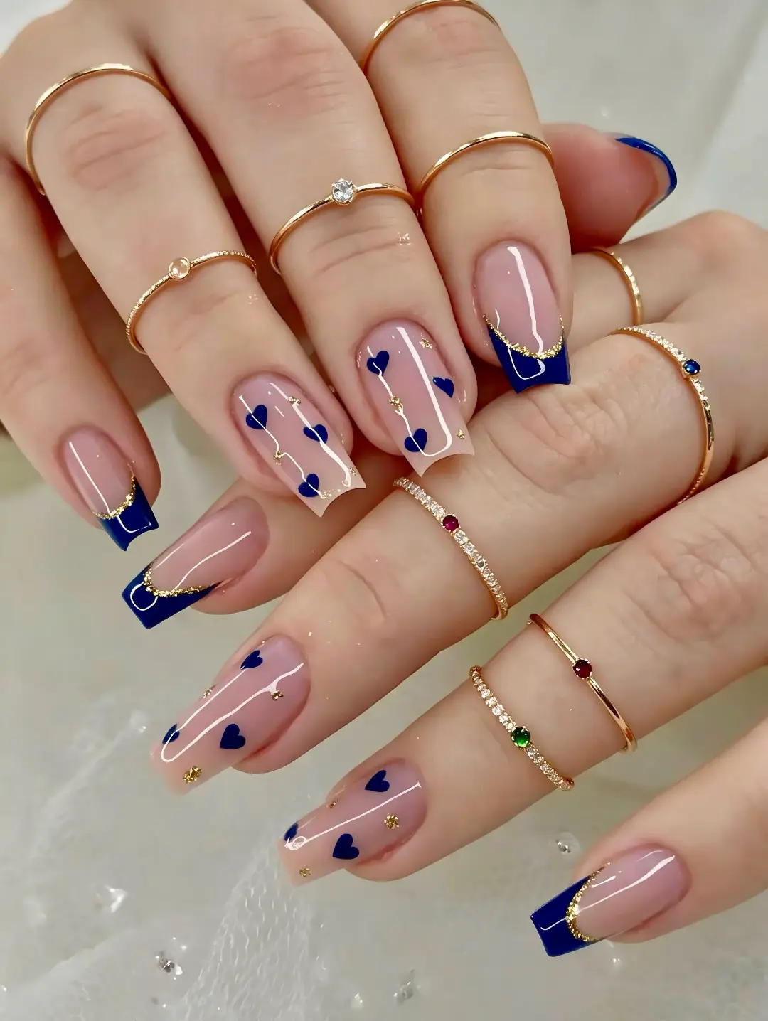 Navy Heart French Tips with Gold Accents