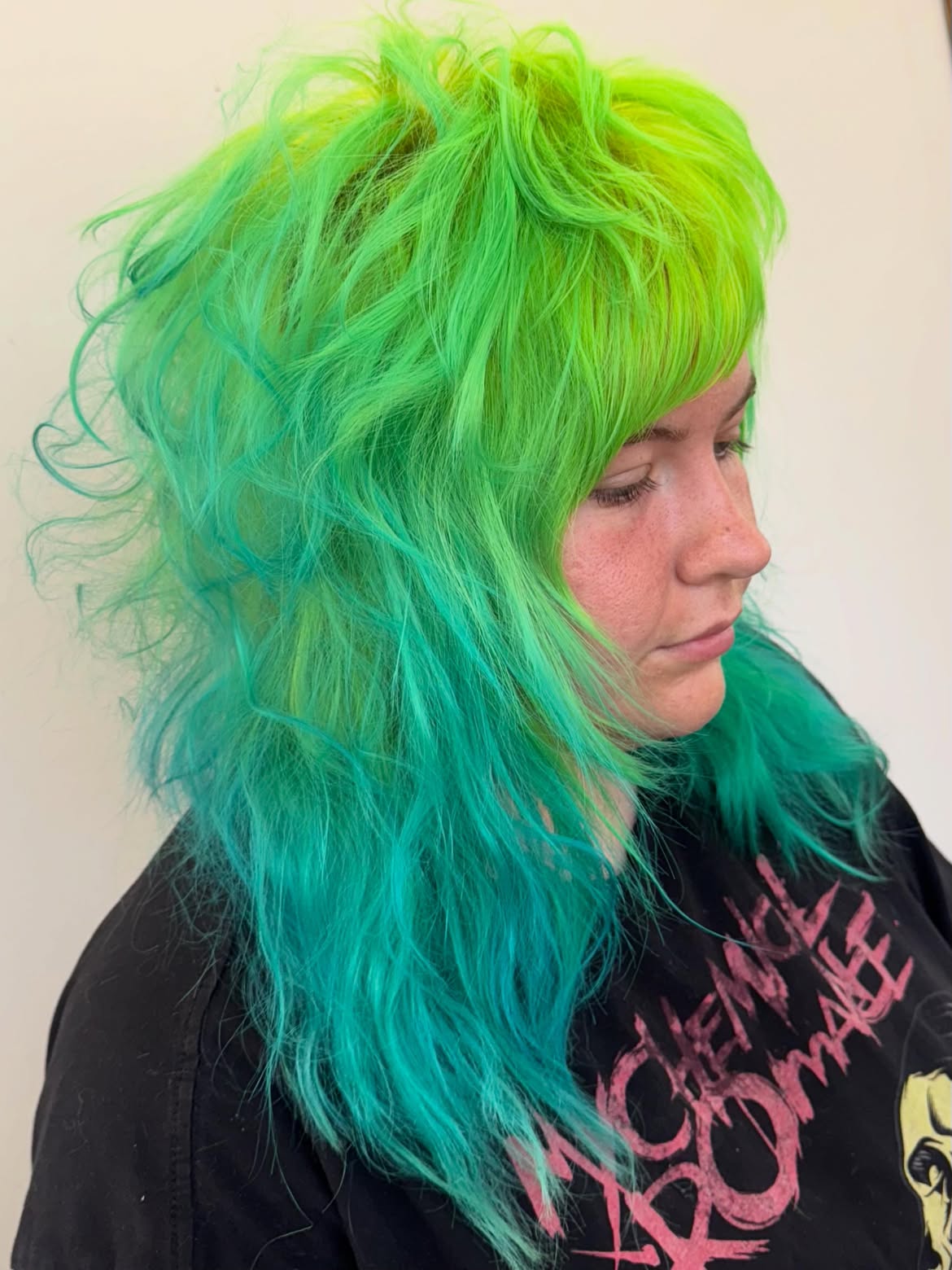 Neon Green and Teal Shag with Wispy Bangs