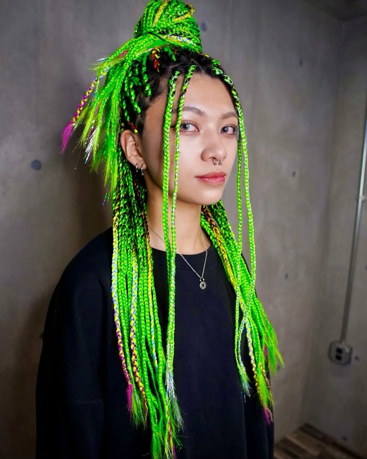 Neon Green Box Braids With Metallic Accents