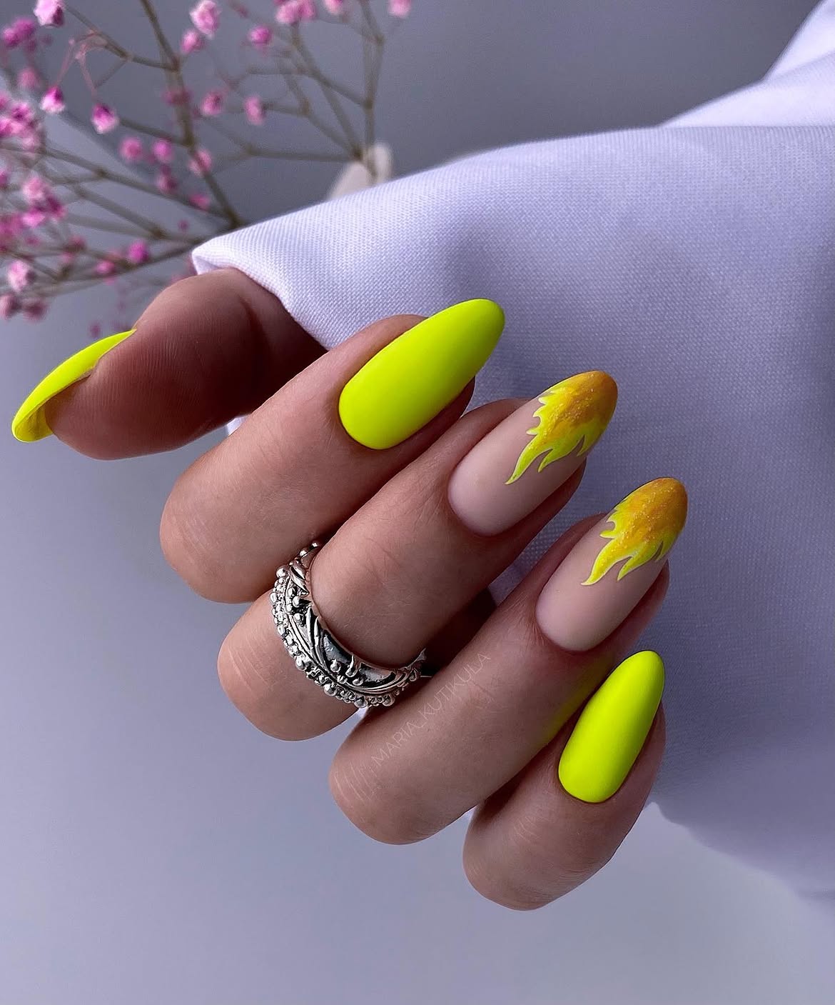 Neon Yellow Matte & Flame Accent Almond Nails