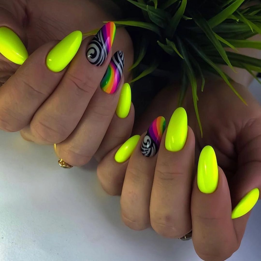 Neon Yellow & Rainbow Swirl Almond Nails