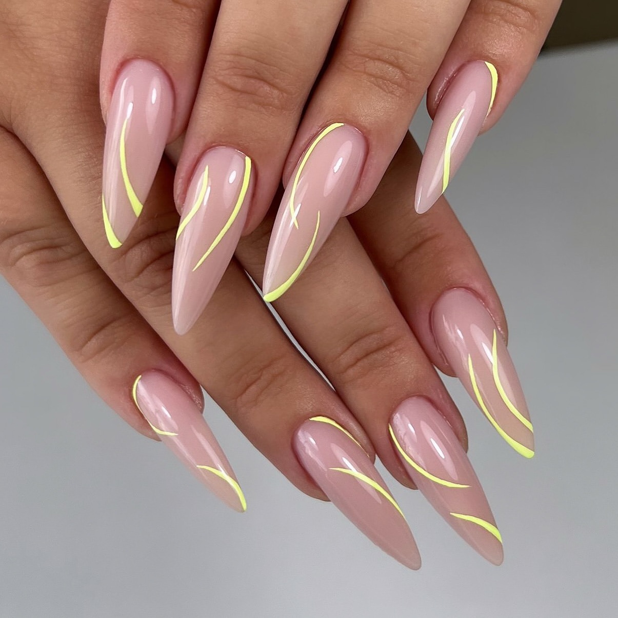 Neon Yellow Swirl Stiletto Nails