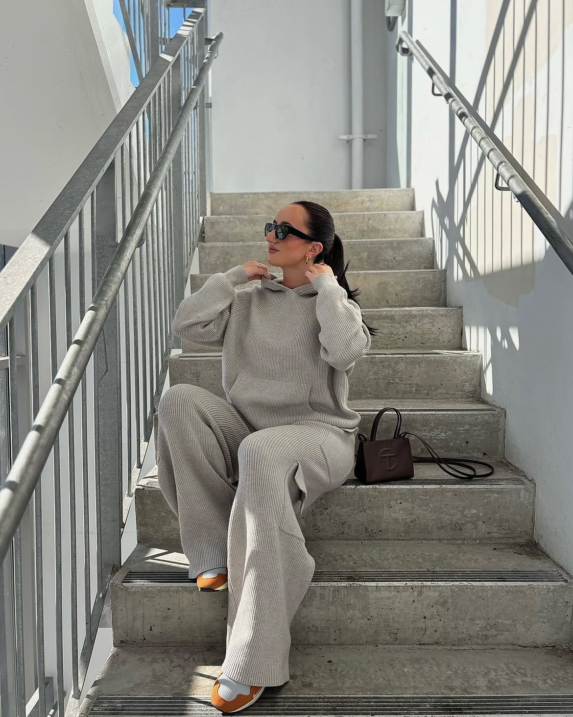 Oatmeal Ribbed Knit Hoodie And Wide Leg Pant Set