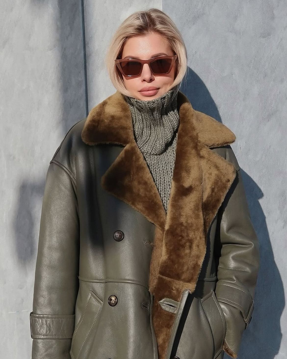 Olive Shearling Coat With Chunky Turtleneck Sweater