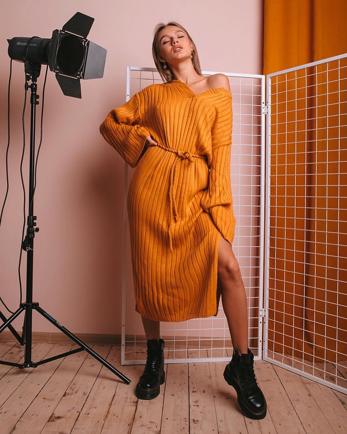 Orange Knit Midi Dress With Black Combat Boots