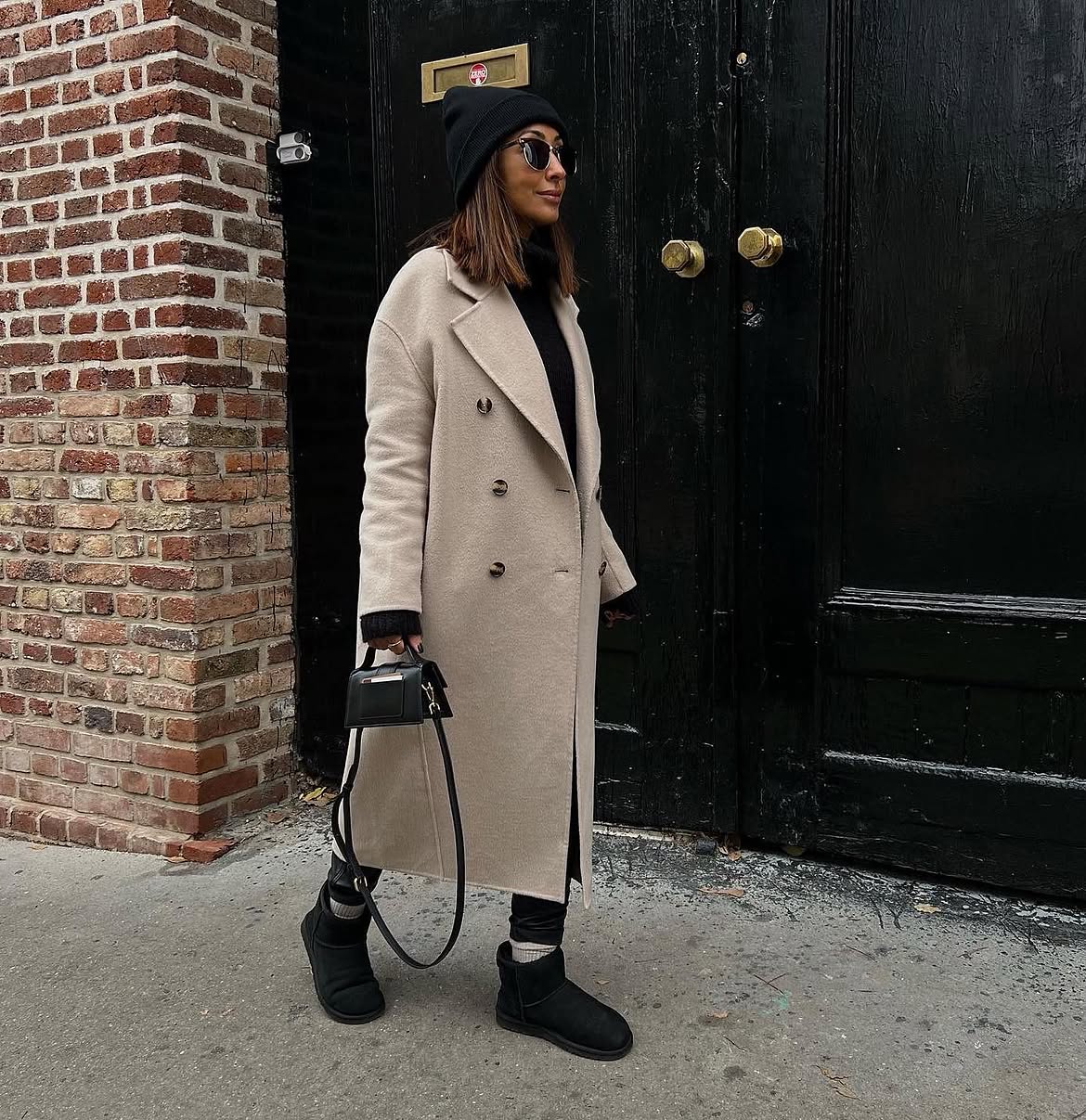 Oversized Beige Coat And Black Mini Uggs