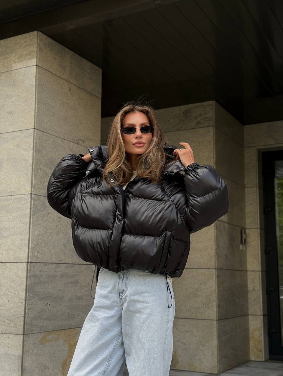 Oversized Black Puffer Jacket With Light Wash Denim