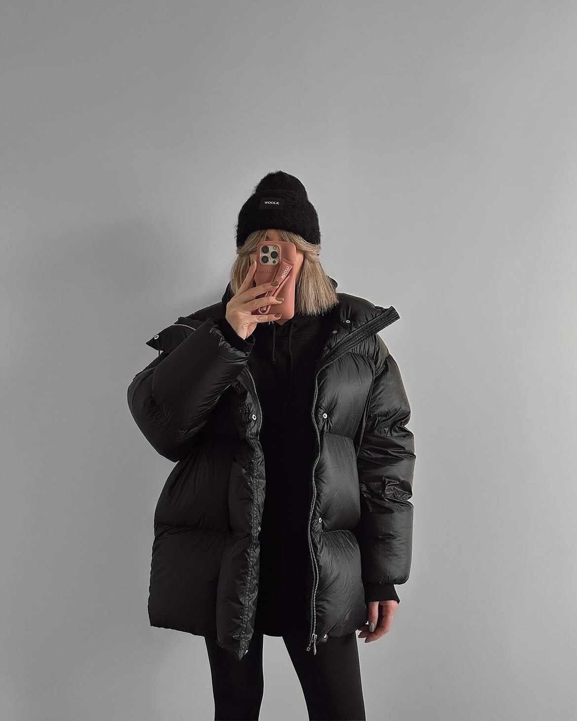 Oversized Black Puffer Jacket With Matching Beanie