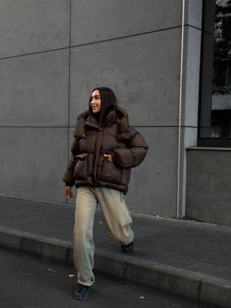 Oversized Brown Puffer Jacket With Distressed Denim