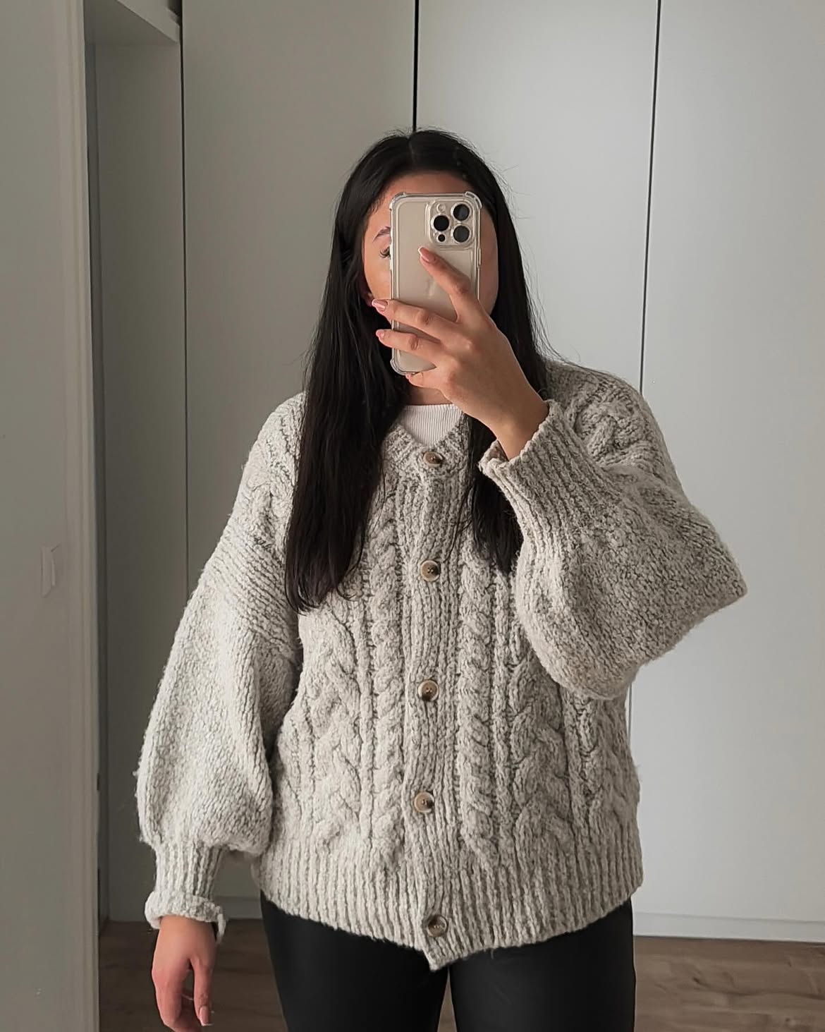 Oversized Cable Knit Cardigan With Black Trousers