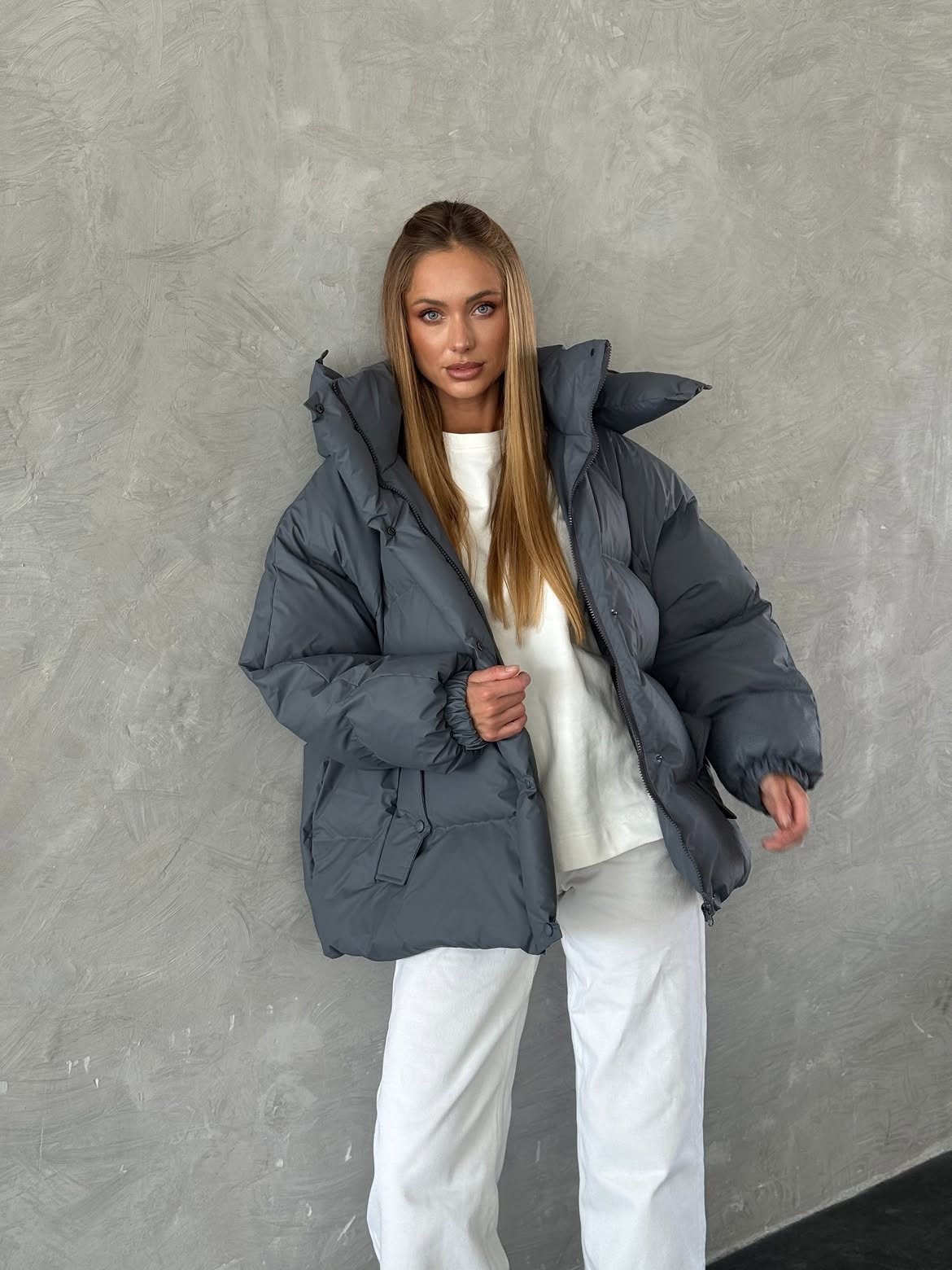Oversized Charcoal Puffer Jacket With White Trousers