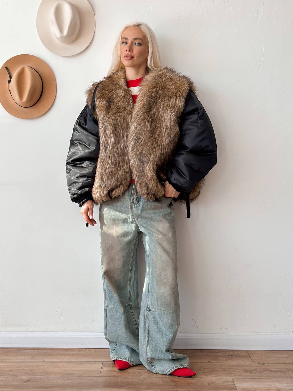 Oversized Faux Fur Trim Bomber With Wide Leg Jeans
